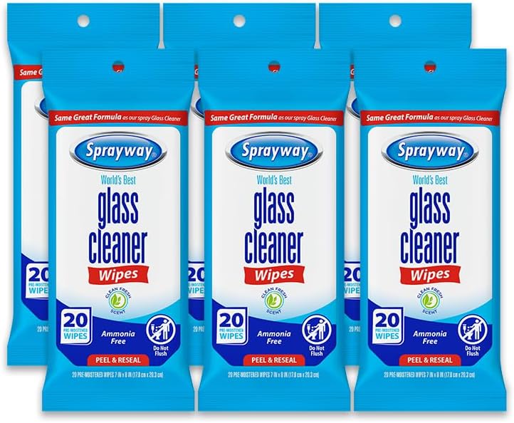 Sprayway مناديل تنظيف الزجاج، 20 قطعة، عبوة من 6 | عبوة قابلة لإعادة الإغلاق أثناء التنقل، مبللة مسبقًا | تركيبة أصلية خالية من الأمونيا | تزيل بصمات الأصابع، الغبار، الأوساخ | لجميع أسطح الزجاج - Image 1